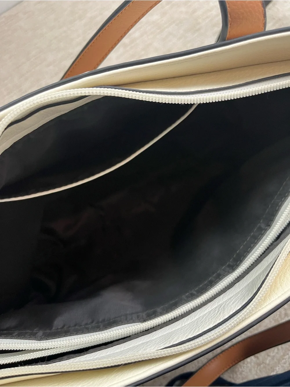 White Faux Leather Tote Bag Tan Handles Large Work Shoulder Bag Minimalist